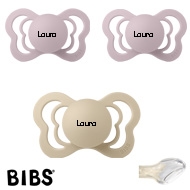 BIBS Couture mit Namen, 1 Vanilla, 2 Dusky Lilac, Gr. 2, Anatomisch, Silikon, 3'er Pack